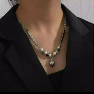 Silver Cube Baroque Pearl Link Chain Strawberry Pendant Stainless Steel Necklace